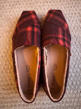 TOMS Burgundy and Red Plaid Slip-On Shoes